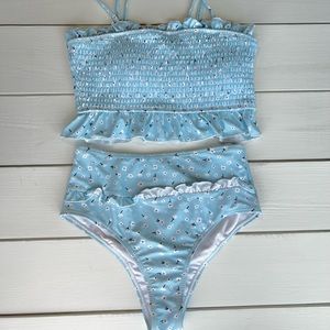 NWOT Baby Blue High Waisted Bikini with Flowers Size Small